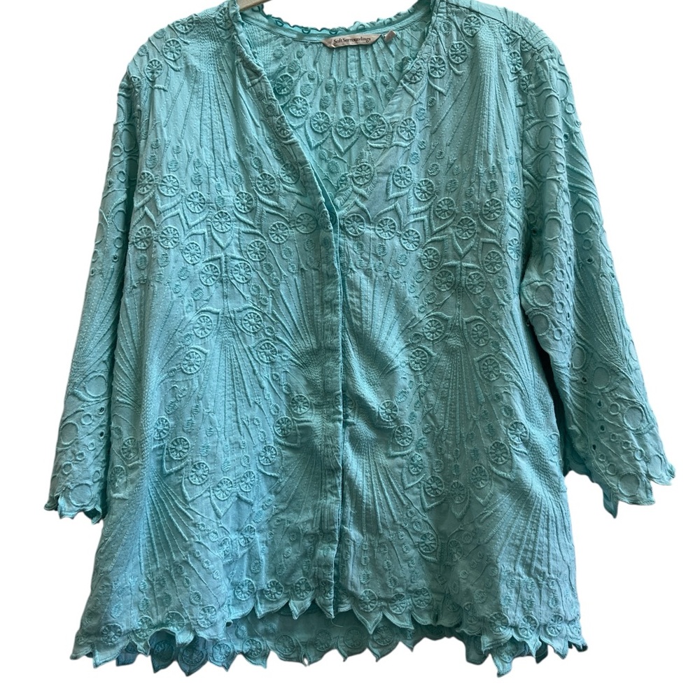 Soft Surroundings Aqua Embroidered Cotton Blouse L Boho Coastal Grandma - Picture 2 of 6